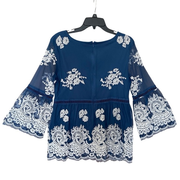 Sundance Fleur In Bloom Lace Blue Floral Embroidered Bell Sleeve Blouse Medium - Picture 4 of 9